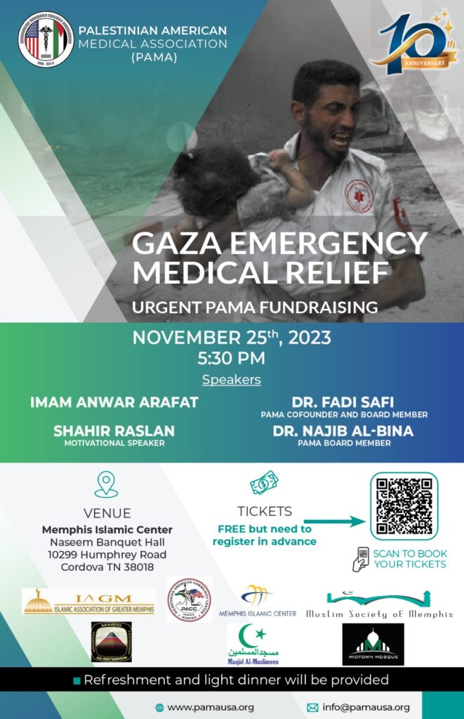 The event campaign presents the names of four speakers. The background shows a paramedic who is holding a child in his arms running among the rubbles in a destructed area.