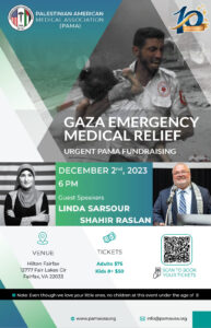 The background shows a distressed paramedic holding a child in his arms trying to rescue her. It also shows the guest speakers of the fundraising event.