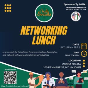 Networking Lunch campaign shows four people with different professions. A QR code is also provided to help people scan it via their phones to buy a ticket.